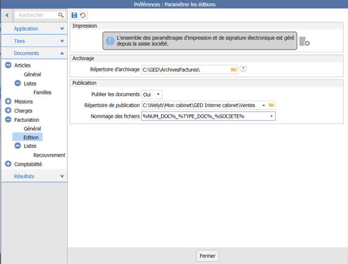 Configuration chemin enregistrement factures isagi